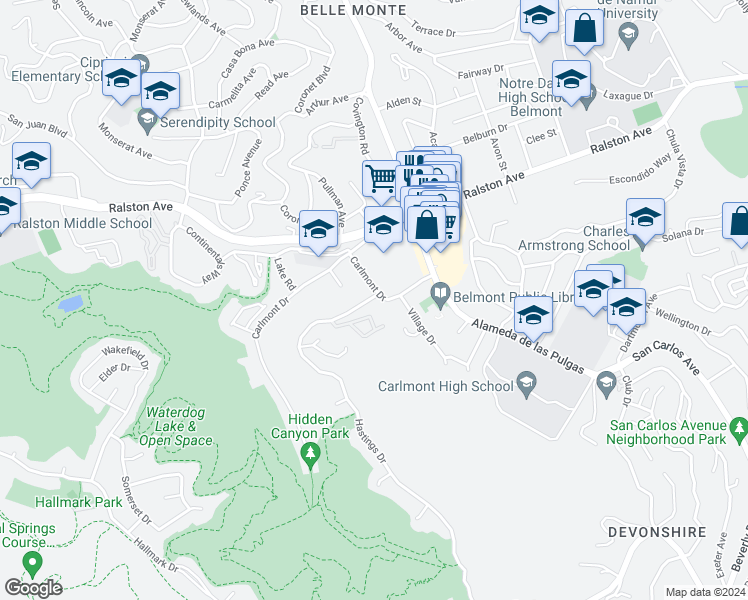 map of restaurants, bars, coffee shops, grocery stores, and more near 2210 Hastings Drive in Belmont