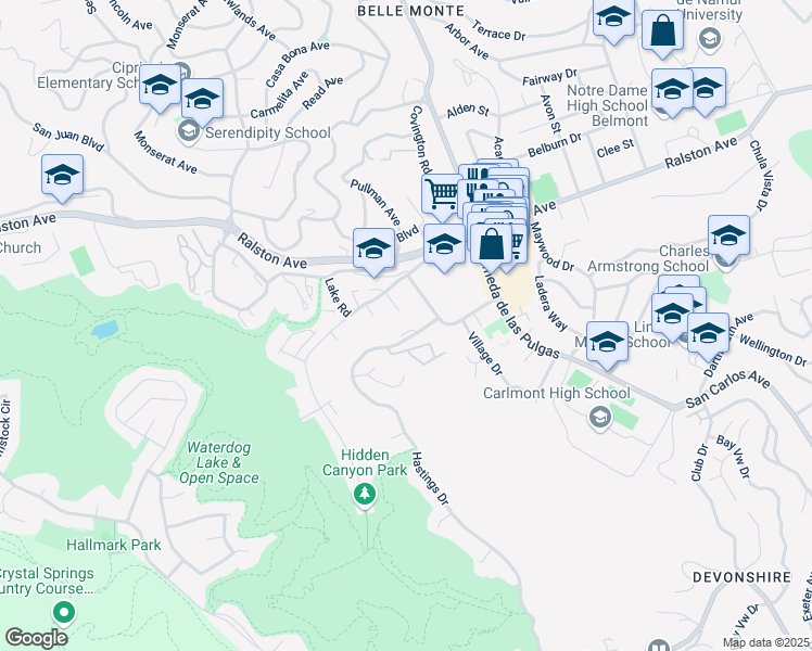map of restaurants, bars, coffee shops, grocery stores, and more near 2210 Hastings Drive in Belmont