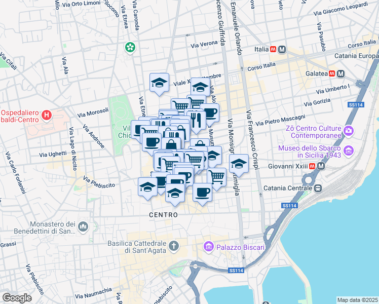 map of restaurants, bars, coffee shops, grocery stores, and more near 47 Piazza Carlo Alberto in Catania