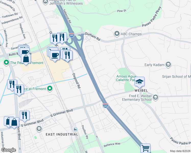 map of restaurants, bars, coffee shops, grocery stores, and more near 44751 Camellia Drive in Fremont