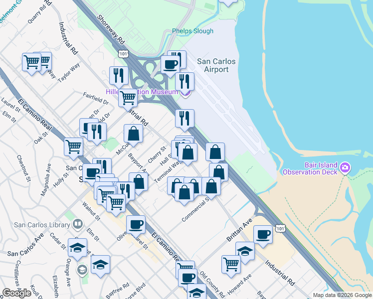 map of restaurants, bars, coffee shops, grocery stores, and more near 745 Industrial Road in San Carlos