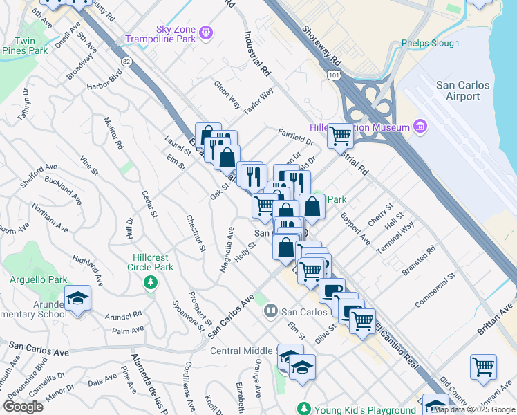 map of restaurants, bars, coffee shops, grocery stores, and more near 391 Laurel Street in San Carlos