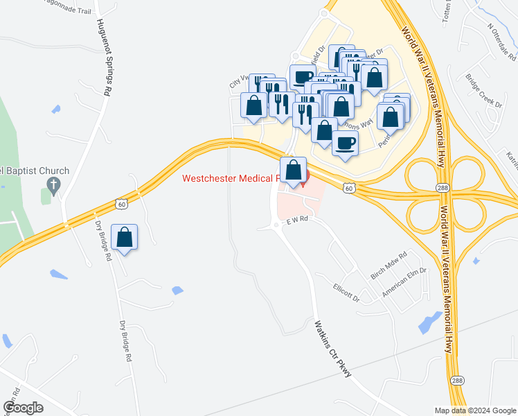map of restaurants, bars, coffee shops, grocery stores, and more near 650 Watkins Centre Parkway in Midlothian