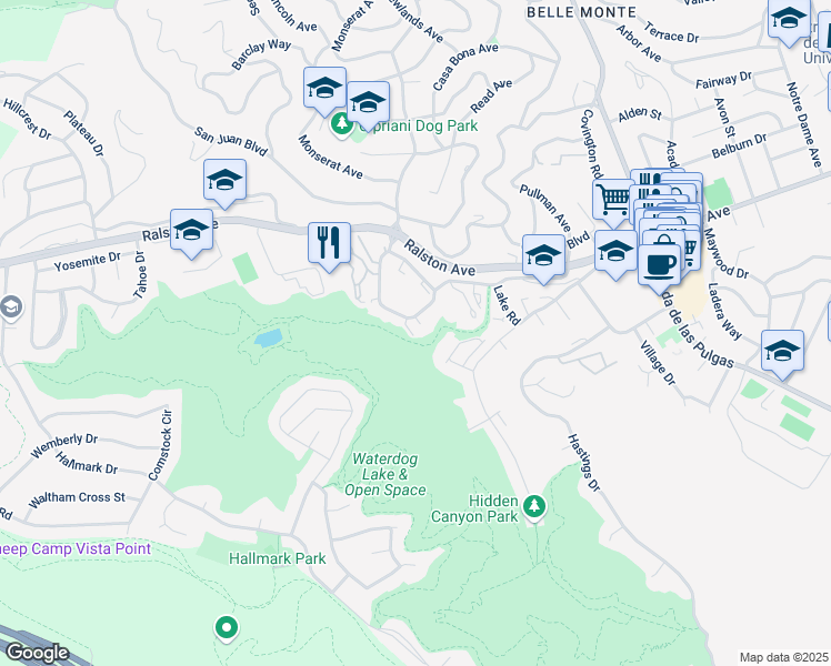 map of restaurants, bars, coffee shops, grocery stores, and more near 1048 Continentals Way in Belmont