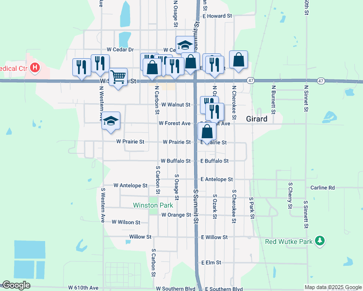 map of restaurants, bars, coffee shops, grocery stores, and more near 200-298 S Osage St in Girard