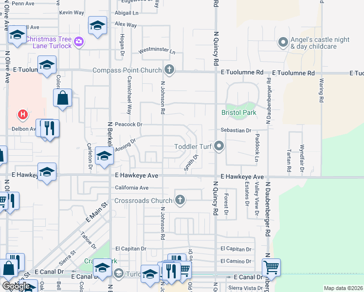 map of restaurants, bars, coffee shops, grocery stores, and more near 2040 Jackson Court in Turlock