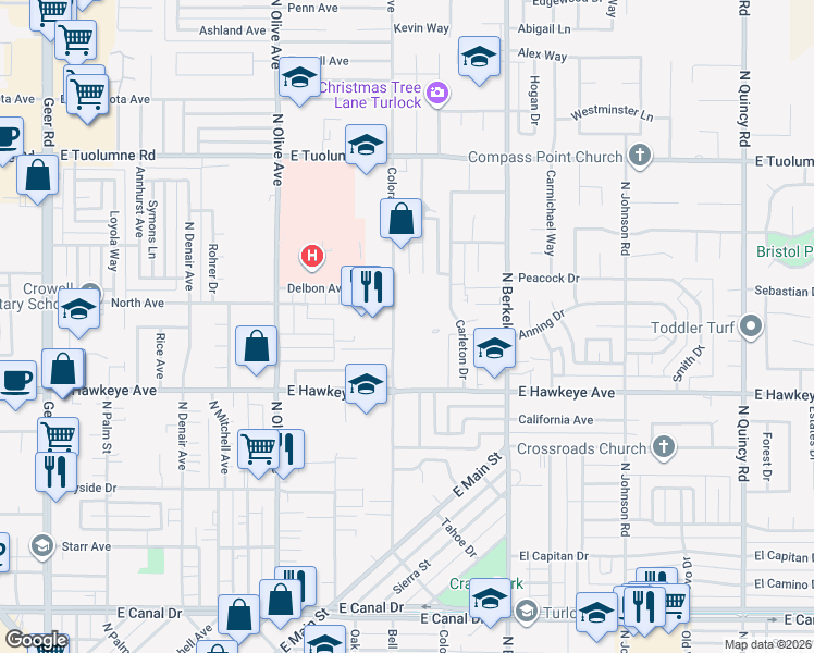map of restaurants, bars, coffee shops, grocery stores, and more near 1804 Colorado Avenue in Turlock