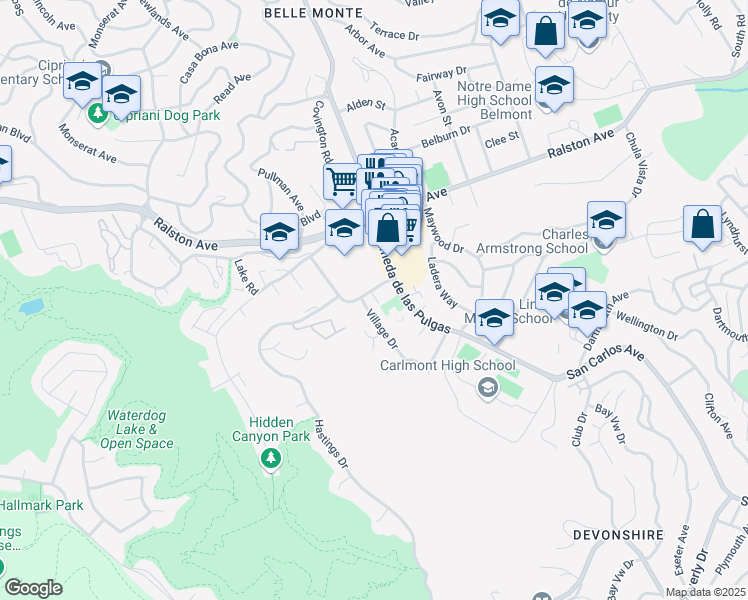 map of restaurants, bars, coffee shops, grocery stores, and more near 1101 Village Drive in Belmont