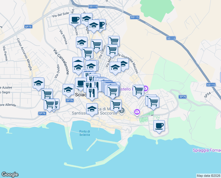 map of restaurants, bars, coffee shops, grocery stores, and more near in Sciacca