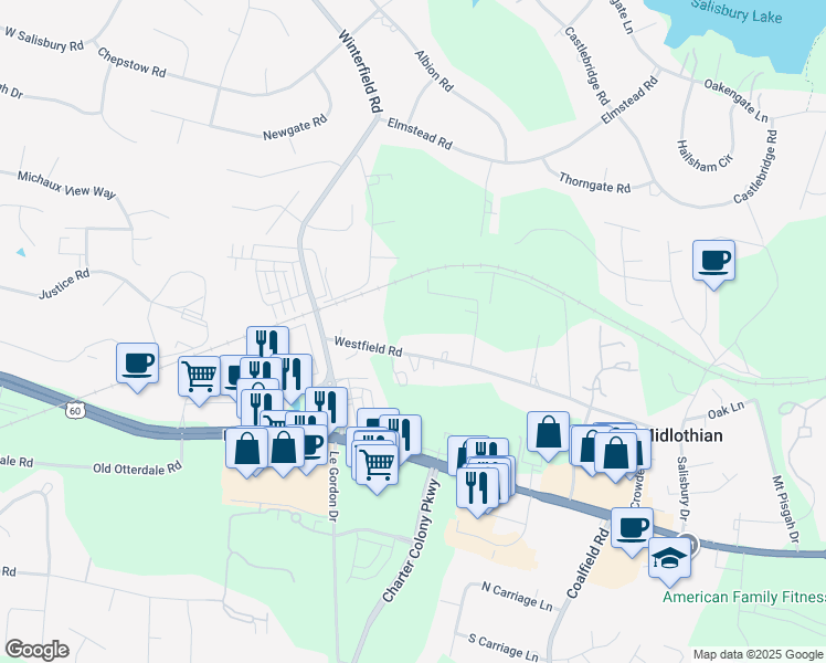 map of restaurants, bars, coffee shops, grocery stores, and more near 14000 Westfield Road in Midlothian