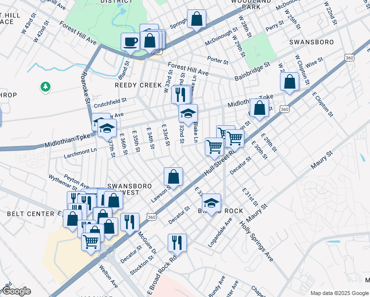 map of restaurants, bars, coffee shops, grocery stores, and more near 101 East 32nd Street in Richmond