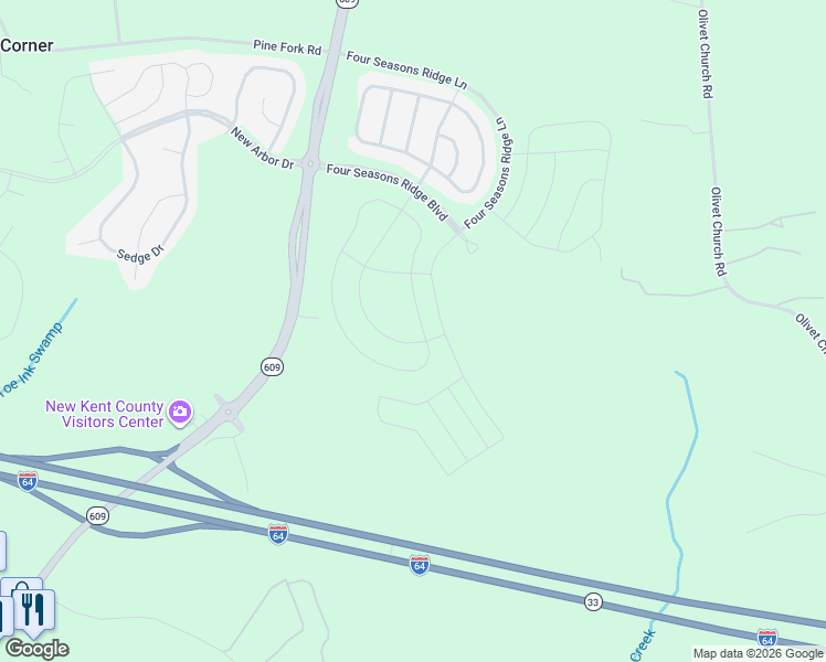 map of restaurants, bars, coffee shops, grocery stores, and more near 7434 Southamptonshire Way in New Kent
