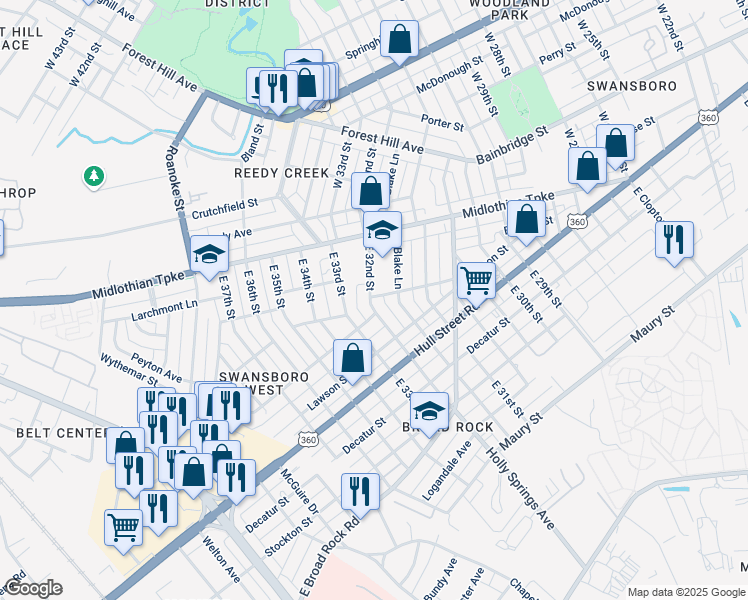 map of restaurants, bars, coffee shops, grocery stores, and more near 101 East 32nd Street in Richmond