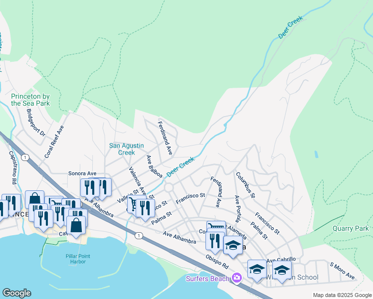 map of restaurants, bars, coffee shops, grocery stores, and more near 862 Ferdinand Avenue in Half Moon Bay