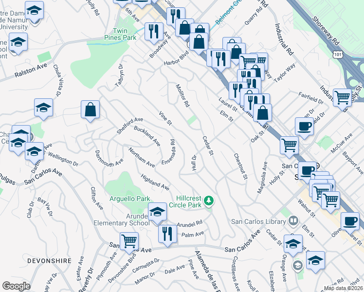map of restaurants, bars, coffee shops, grocery stores, and more near 55 Hillcrest Road in San Carlos