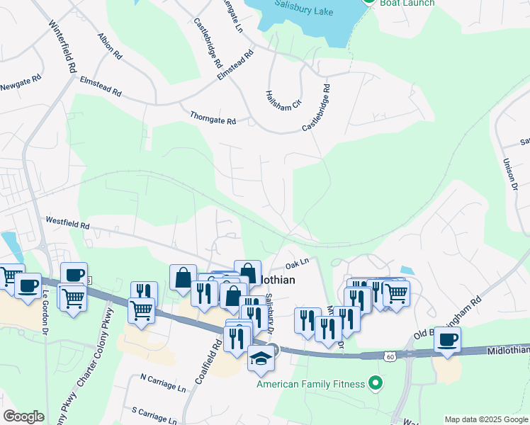 map of restaurants, bars, coffee shops, grocery stores, and more near 13503 Headwaters Place in Midlothian