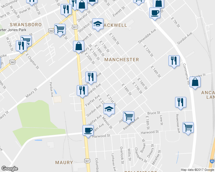 map of restaurants, bars, coffee shops, grocery stores, and more near 2007 Fairfax Avenue in Richmond
