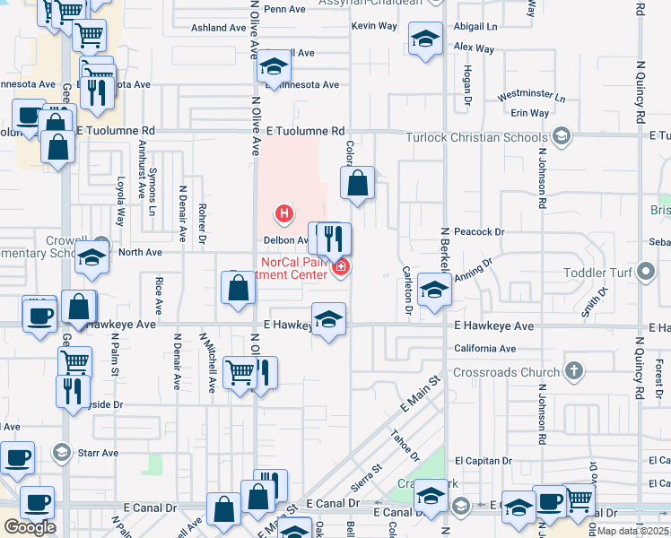 map of restaurants, bars, coffee shops, grocery stores, and more near 1801 Colorado Avenue in Turlock