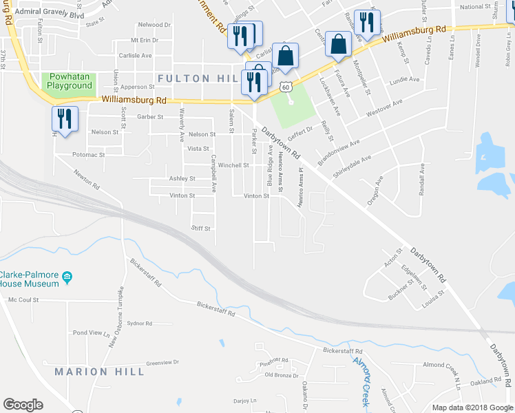 map of restaurants, bars, coffee shops, grocery stores, and more near 5419 Parker Street in Richmond