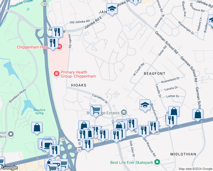map of restaurants, bars, coffee shops, grocery stores, and more near 6718 Carnation Street in Richmond