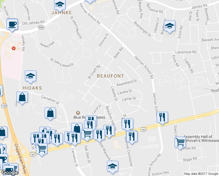 map of restaurants, bars, coffee shops, grocery stores, and more near 318 Lasalle Drive in Richmond