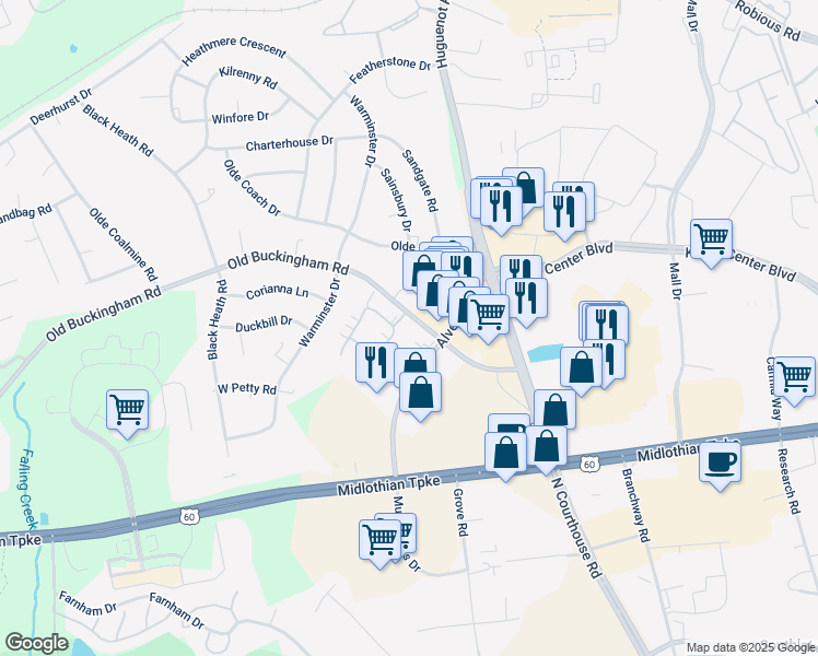 map of restaurants, bars, coffee shops, grocery stores, and more near 1402 Tannery Circle in Midlothian