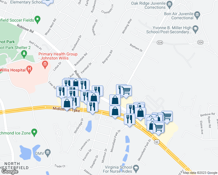 map of restaurants, bars, coffee shops, grocery stores, and more near 1031 Huntersdell Terrace in Richmond