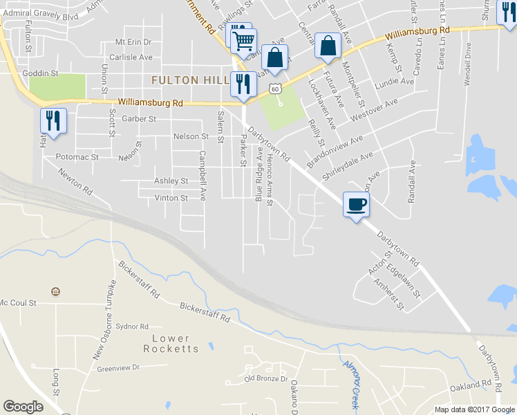 map of restaurants, bars, coffee shops, grocery stores, and more near 5421 Blueridge Avenue in Richmond