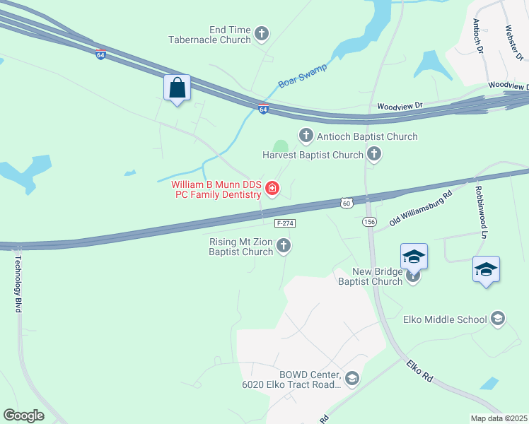 map of restaurants, bars, coffee shops, grocery stores, and more near 3642 East Williamsburg Road in Sandston