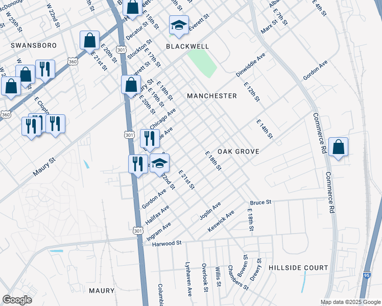 map of restaurants, bars, coffee shops, grocery stores, and more near 1816 Fairfax Avenue in Richmond