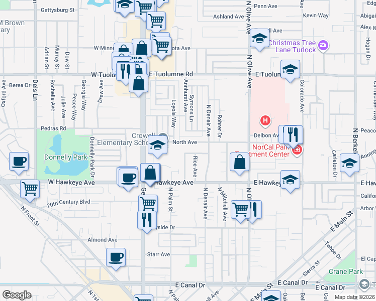 map of restaurants, bars, coffee shops, grocery stores, and more near 1765 Rice Avenue in Turlock