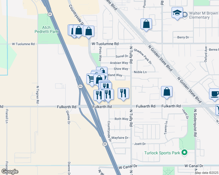 map of restaurants, bars, coffee shops, grocery stores, and more near 1840 Countryside Drive in Turlock