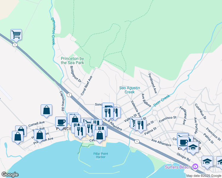 map of restaurants, bars, coffee shops, grocery stores, and more near 147 Madrona Avenue in Half Moon Bay