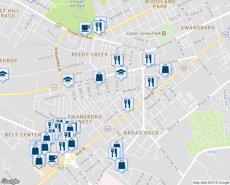 map of restaurants, bars, coffee shops, grocery stores, and more near 38 East 32nd Street in Richmond