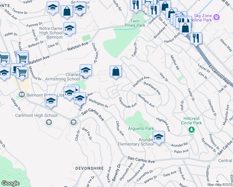 map of restaurants, bars, coffee shops, grocery stores, and more near 46 Arch Lane in San Carlos