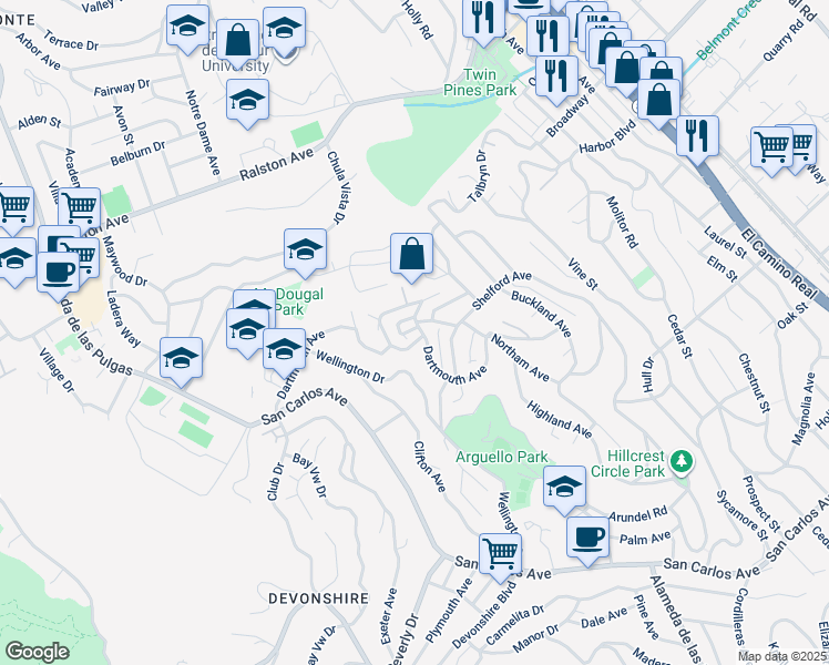 map of restaurants, bars, coffee shops, grocery stores, and more near 46 Arch Lane in San Carlos