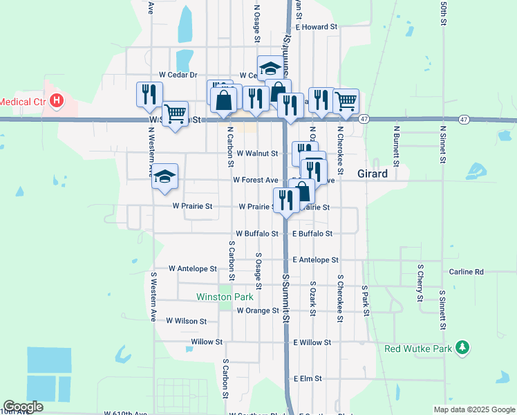 map of restaurants, bars, coffee shops, grocery stores, and more near 200 South Osage Street in Girard