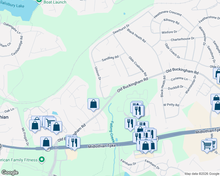 map of restaurants, bars, coffee shops, grocery stores, and more near 1303 Unison Drive in Midlothian