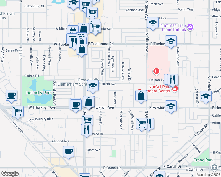 map of restaurants, bars, coffee shops, grocery stores, and more near 1765 Rice Avenue in Turlock