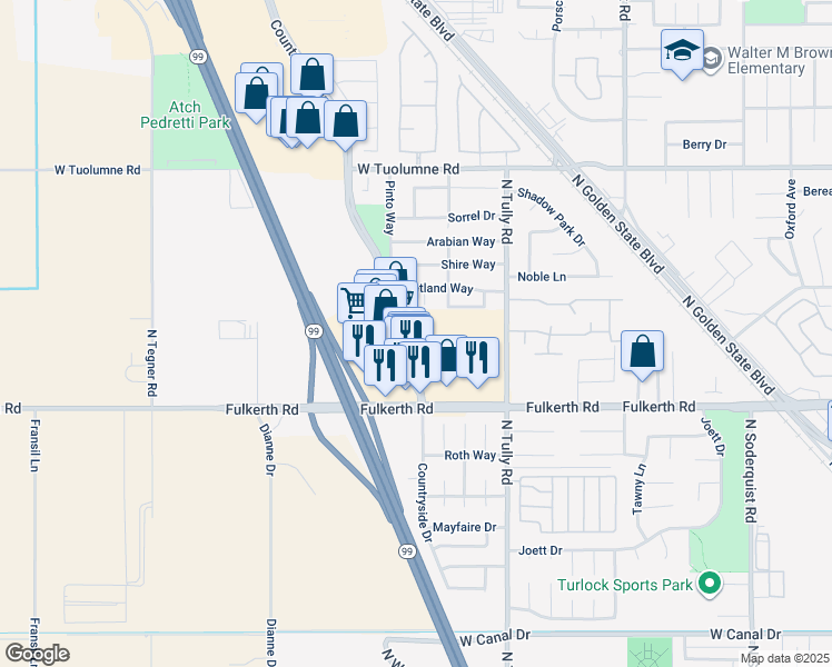 map of restaurants, bars, coffee shops, grocery stores, and more near 1800 Countryside Drive in Turlock