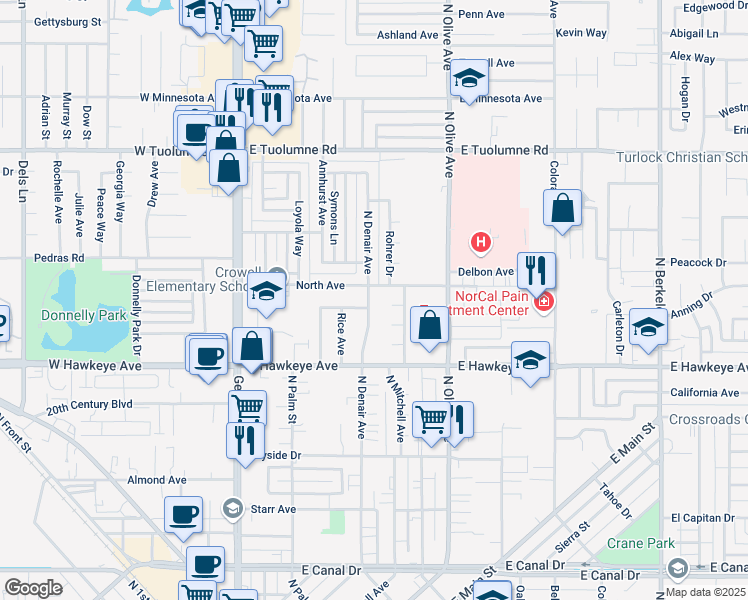 map of restaurants, bars, coffee shops, grocery stores, and more near 1770 North Denair Avenue in Turlock