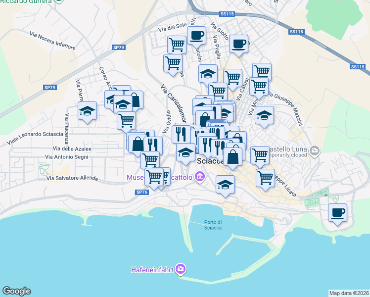 map of restaurants, bars, coffee shops, grocery stores, and more near Via Orti San Salvatore in Sciacca
