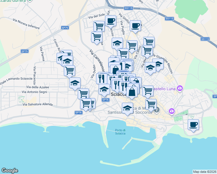 map of restaurants, bars, coffee shops, grocery stores, and more near Via Orti San Salvatore in Sciacca
