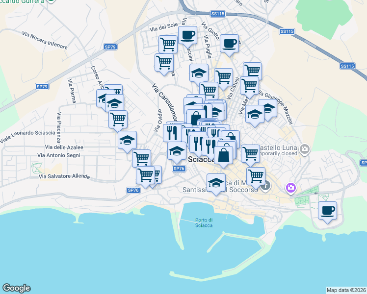 map of restaurants, bars, coffee shops, grocery stores, and more near Via Orti San Salvatore in Sciacca