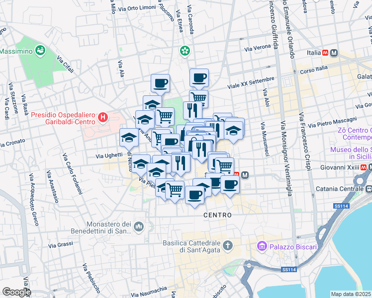 map of restaurants, bars, coffee shops, grocery stores, and more near in Catania