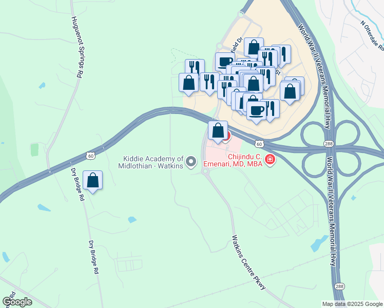 map of restaurants, bars, coffee shops, grocery stores, and more near 650 Watkins Center Parkway in Midlothian