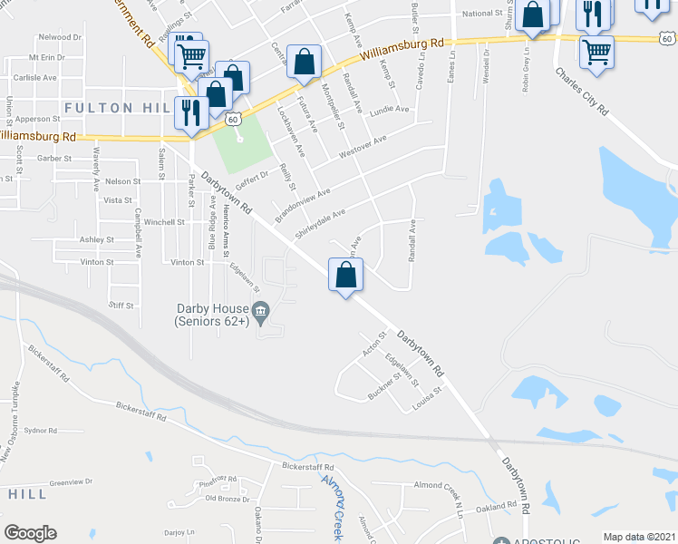 map of restaurants, bars, coffee shops, grocery stores, and more near 1558 Darbytown Road in Henrico