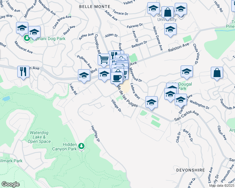 map of restaurants, bars, coffee shops, grocery stores, and more near 2101 Carlmont Drive in Belmont