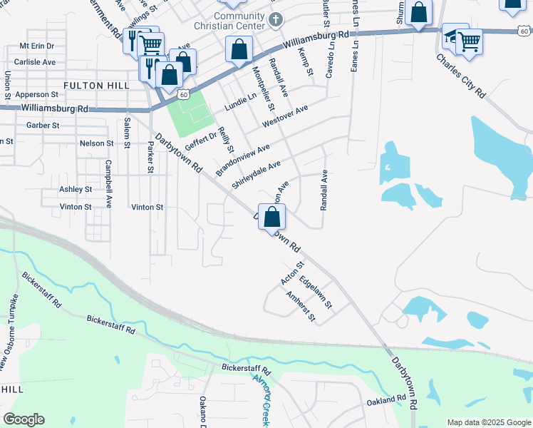 map of restaurants, bars, coffee shops, grocery stores, and more near 1558 Darbytown Road in Henrico