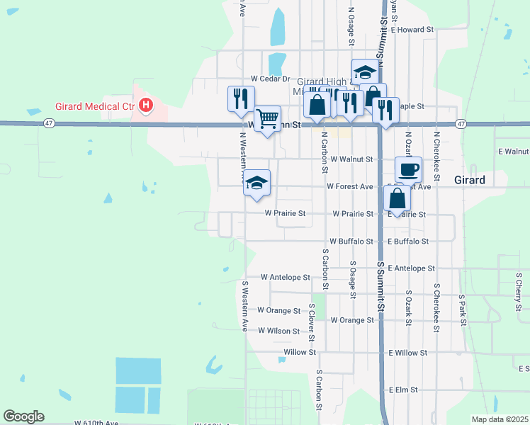 map of restaurants, bars, coffee shops, grocery stores, and more near 520 West Prairie Street in Girard